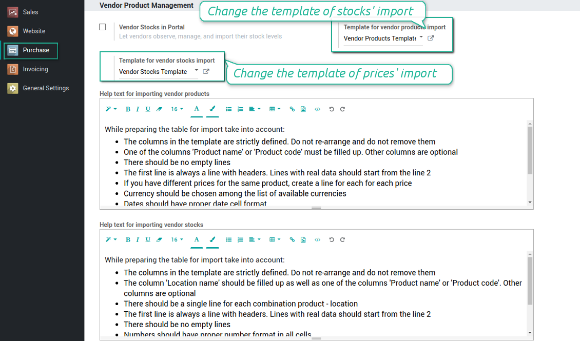 Vendor import settings
