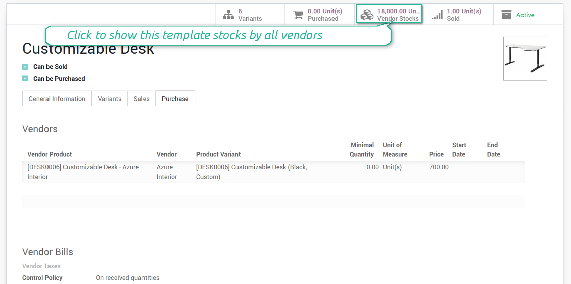 Supplier inventory levels on a product template form