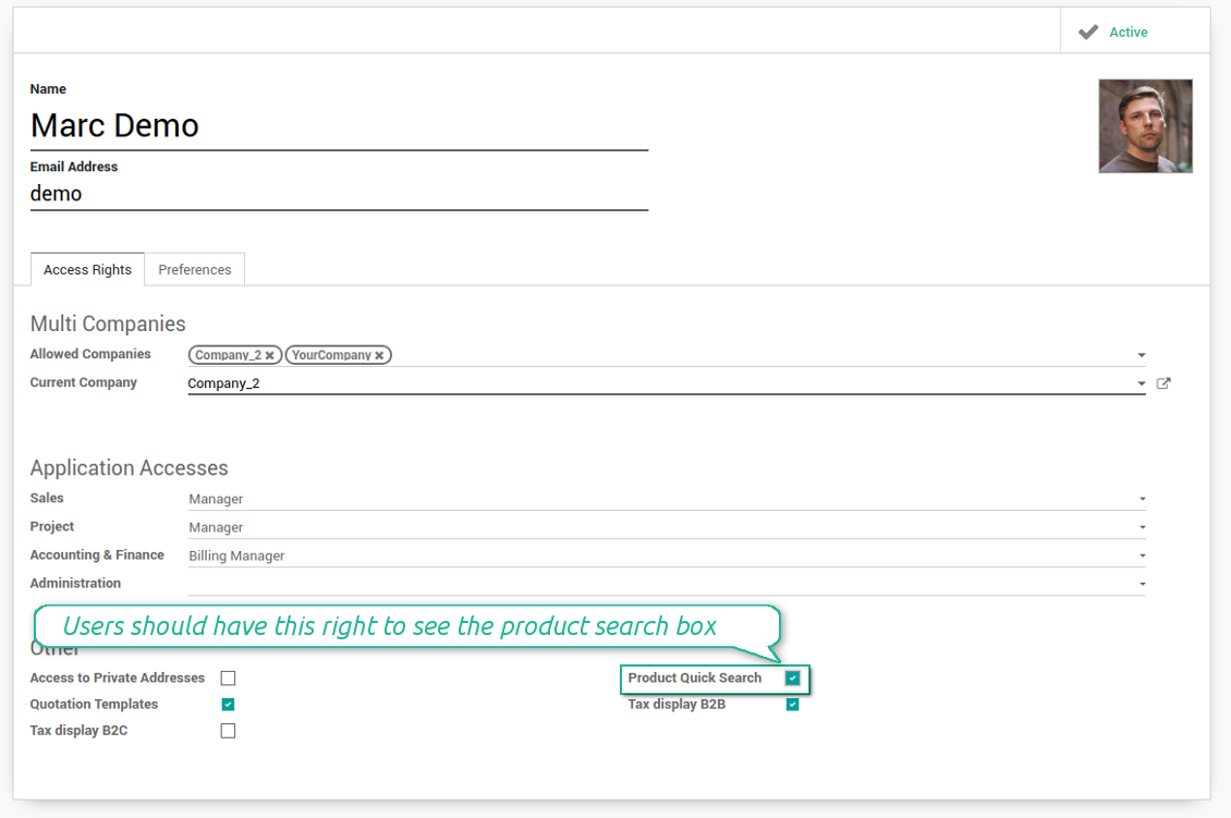 User rights for products quick search