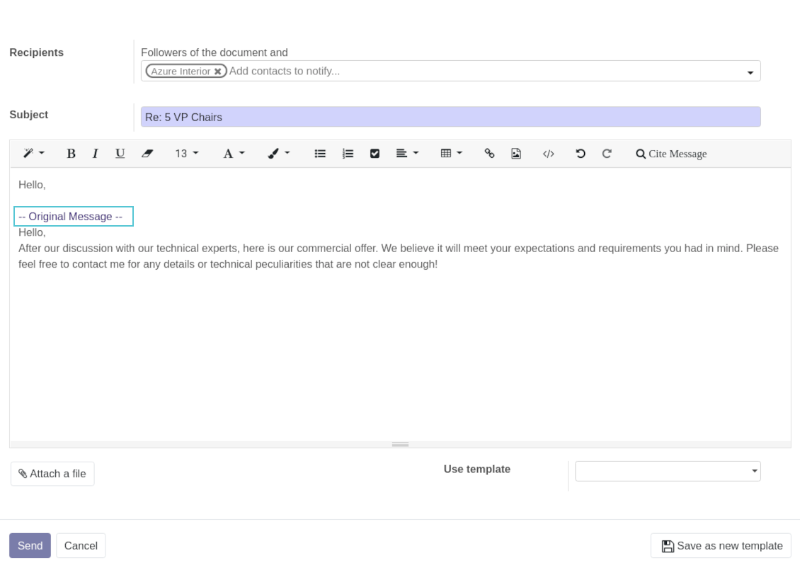 Original message for Odoo messages with a header