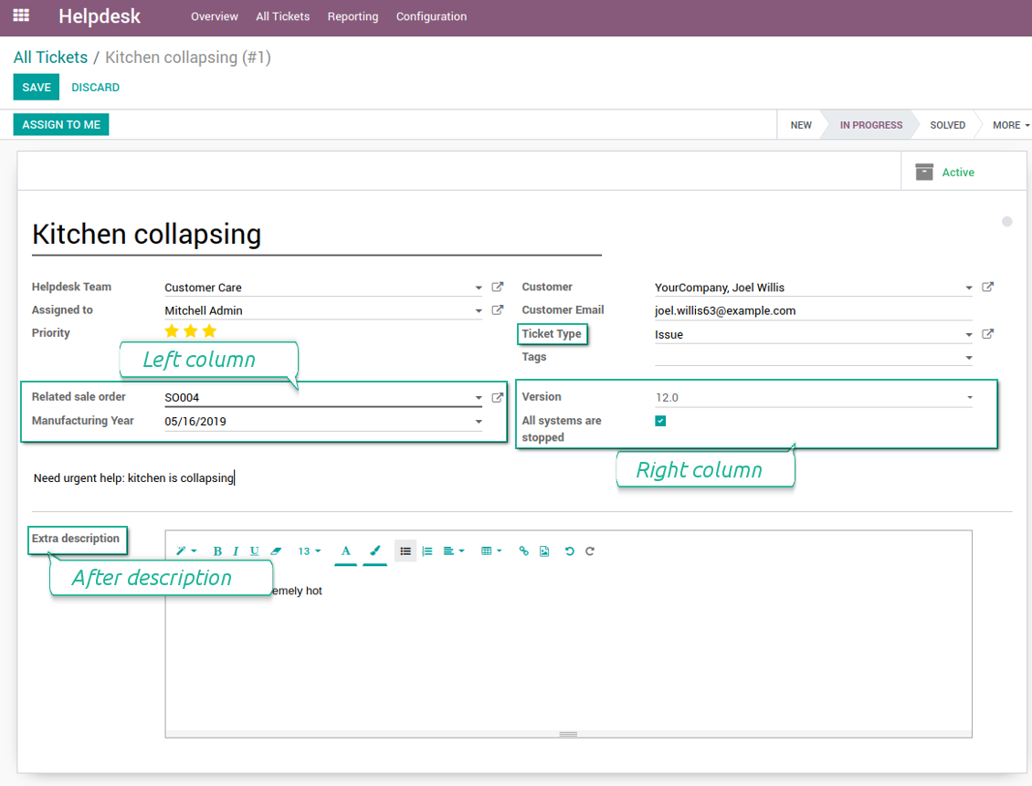 Customized form view of Helpdesk tickets