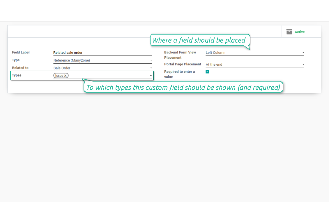 Custom fields depend on helpdesk ticket types