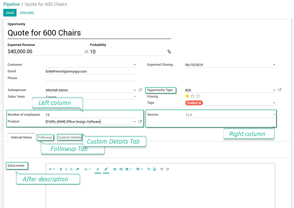 Customized form view of CRM opportunities