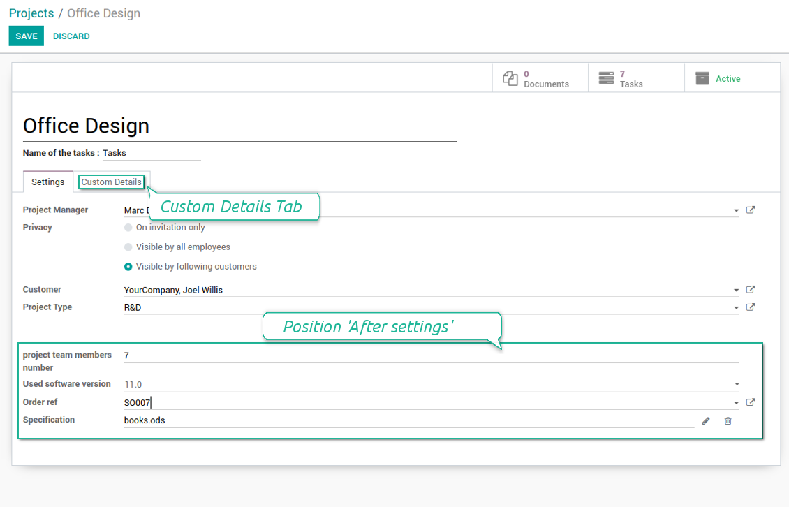 Customized form view of projects
