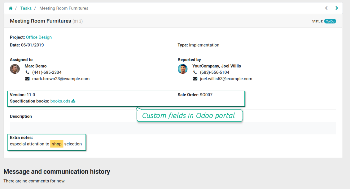 Tasks' custom fields in portal