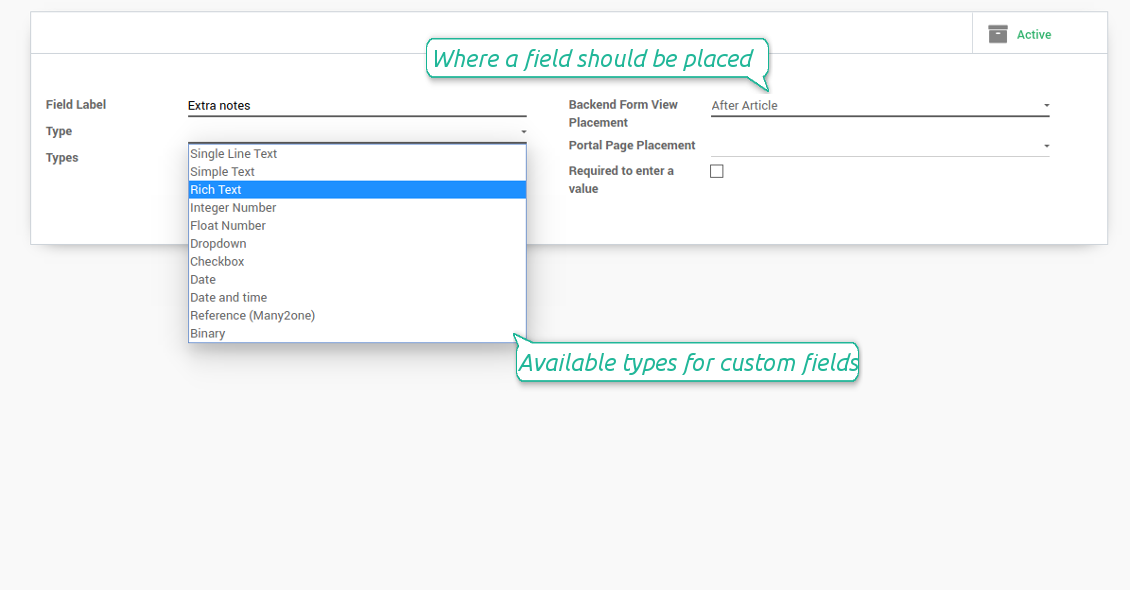 Types of custom fields for knowledge base